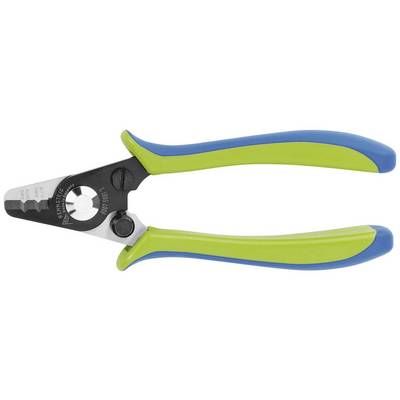 Una pinza spelacavi verde-blu con un dispositivo di taglio nero per rimuovere l'isolamento dai cavi.