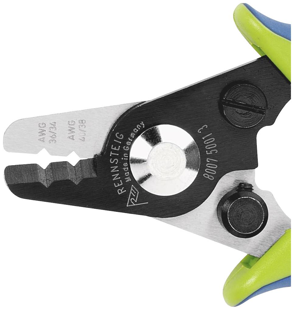 Pinza spellacavi con ganasce in metallo e aperture contrassegnate per diverse dimensioni di fili, con impugnature ergonomiche.