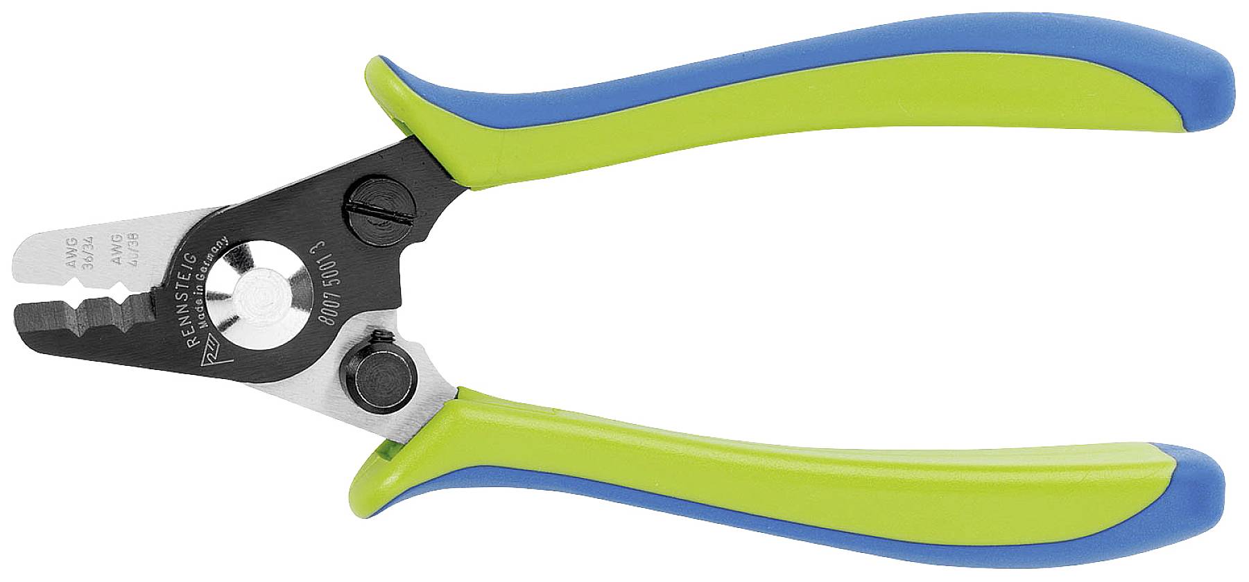Una pinza verde-blu con manico nero, appositamente progettata per spelare cavi, mostra diverse aperture per tagliare e spelare.