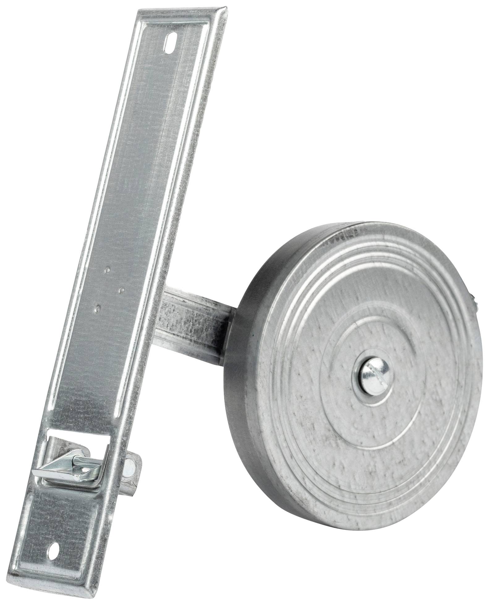 Accessorio metallico per cancello scorrevole, composto da un supporto rettangolare e una ruota rotonda, per il fissaggio su porte.