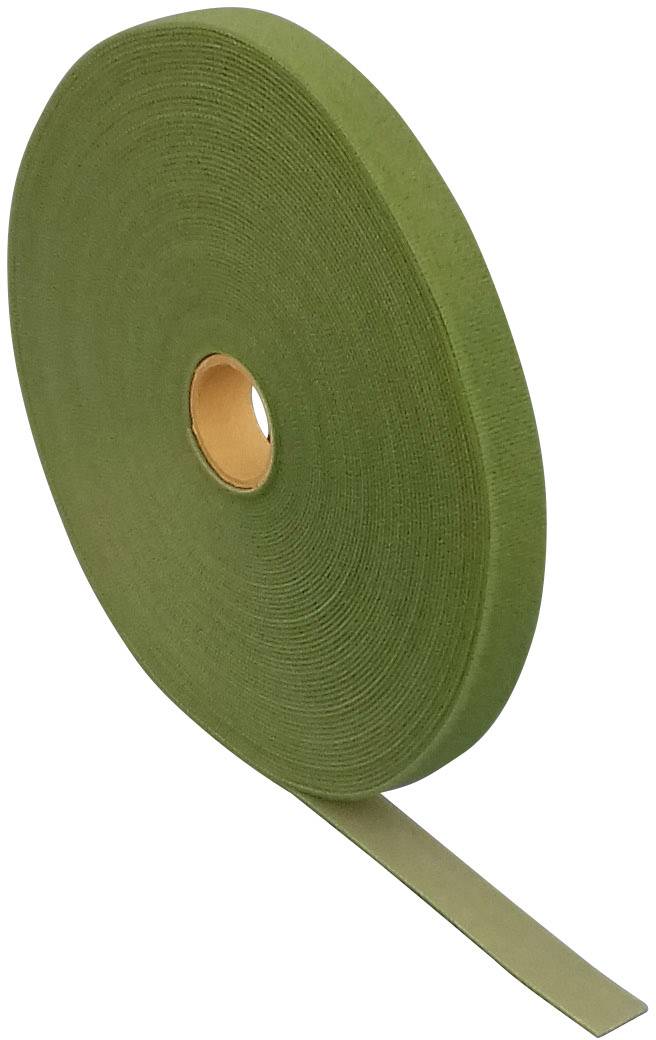 Un grande rotolo di nastro verde con una striscia sottile che si distacca dal rotolo, su sfondo bianco.