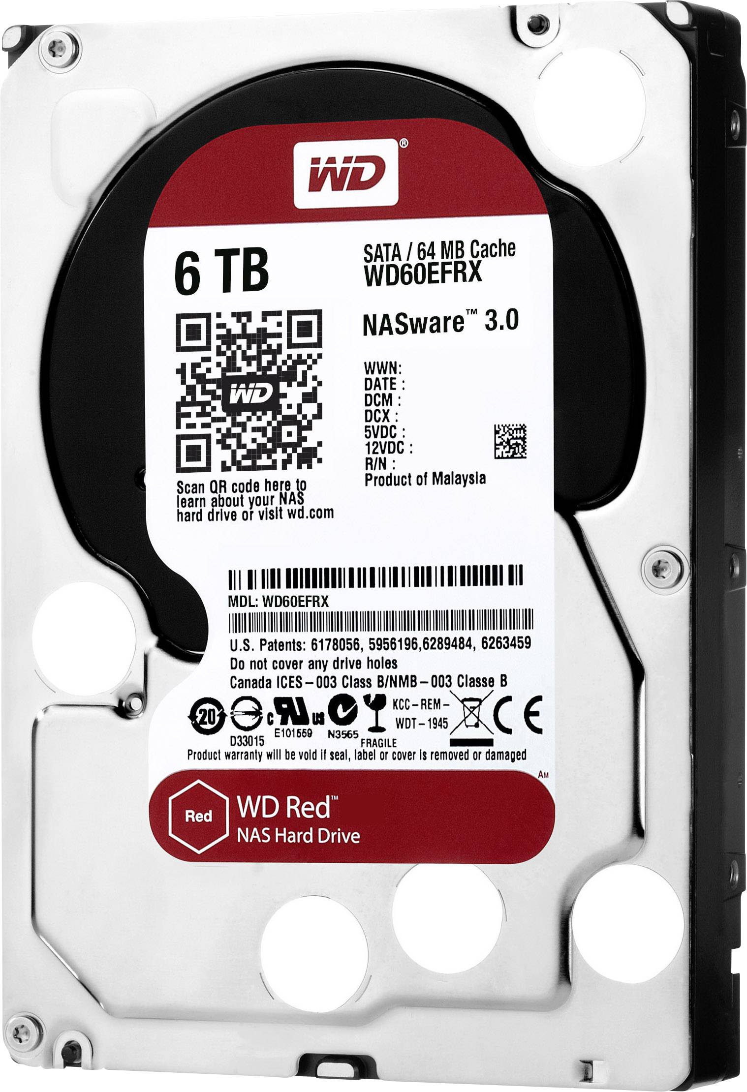 Hard disk da 6 TB, etichetta riporta 'WD Red Hard Drive NAS' con specifiche come SATA 64 MB cache, prodotto in Malesia.