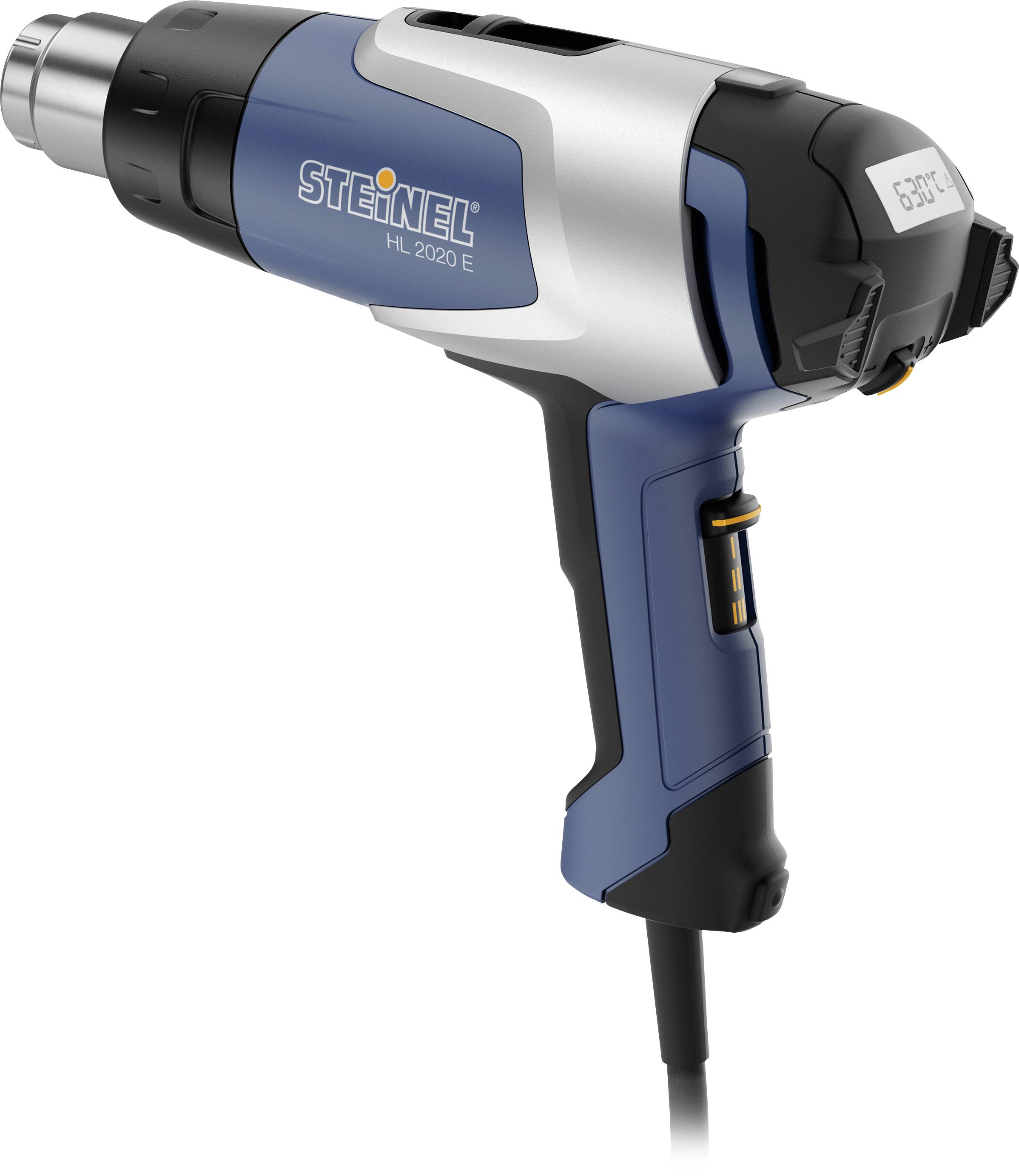 Pistola termica STEINEL HL 2020 E blu e argento con cavo, mostrata in vista laterale su sfondo bianco.