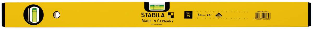 Livella con custodia gialla, posizionata orizzontalmente. Contiene una bolla per il livellamento. Etichettata con 'Stabila Made in Germany'.
