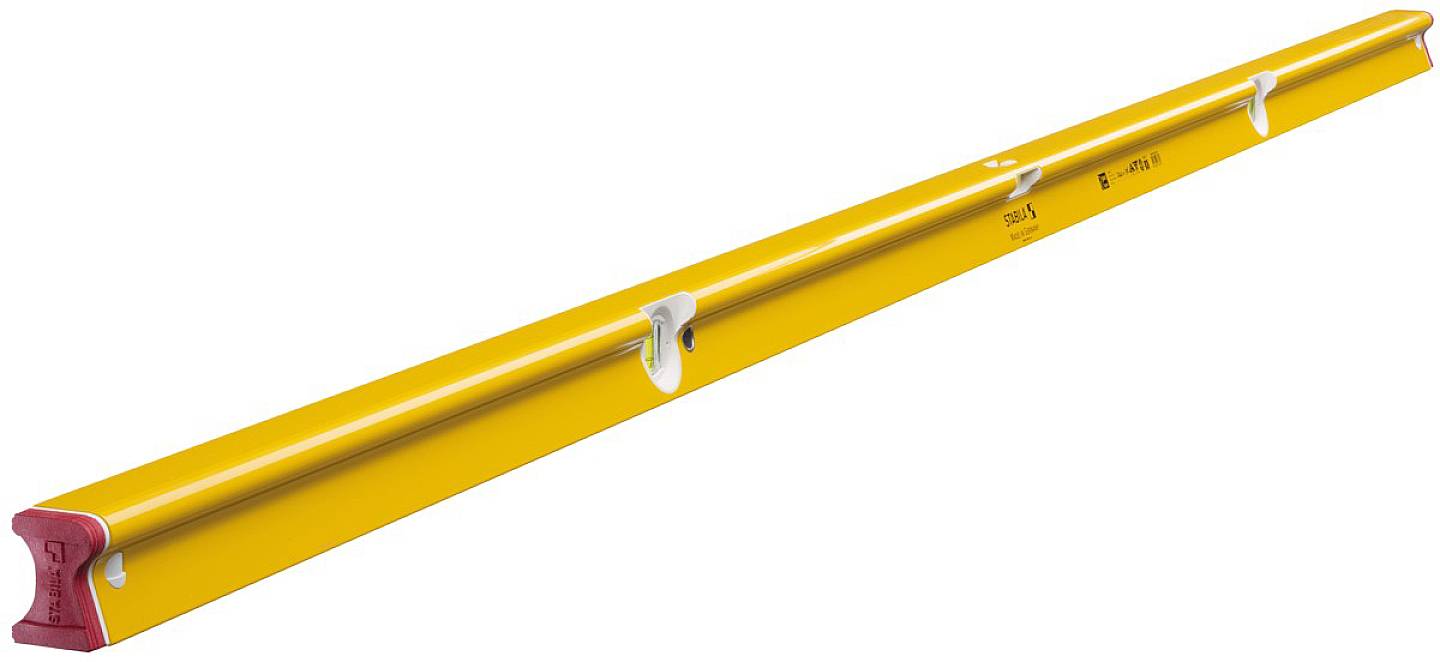 Livella a bolla di colore giallo con tappi alle estremità rossi e marcature, utilizzata per misurare la planarità e l'allineamento degli oggetti.