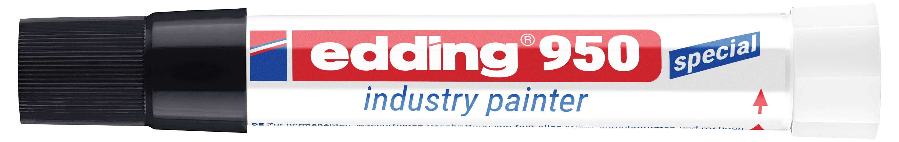 Pennarello per industria speciale Edding 950 bianco con tappo nero e testo etichetta rosso, blu e nero.