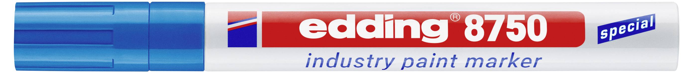Un pennarello per la pittura industriale Edding 8750 blu e bianco con un'etichetta rossa e un tappo blu, contrassegnato "speciale."