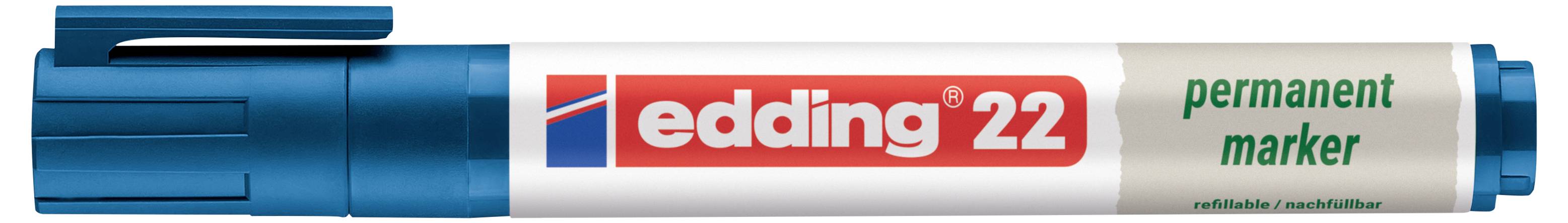 Pennarello permanente Edding 22 bianco con tappo blu e logo rosso sulla canna, mostrato orizzontalmente su sfondo bianco.