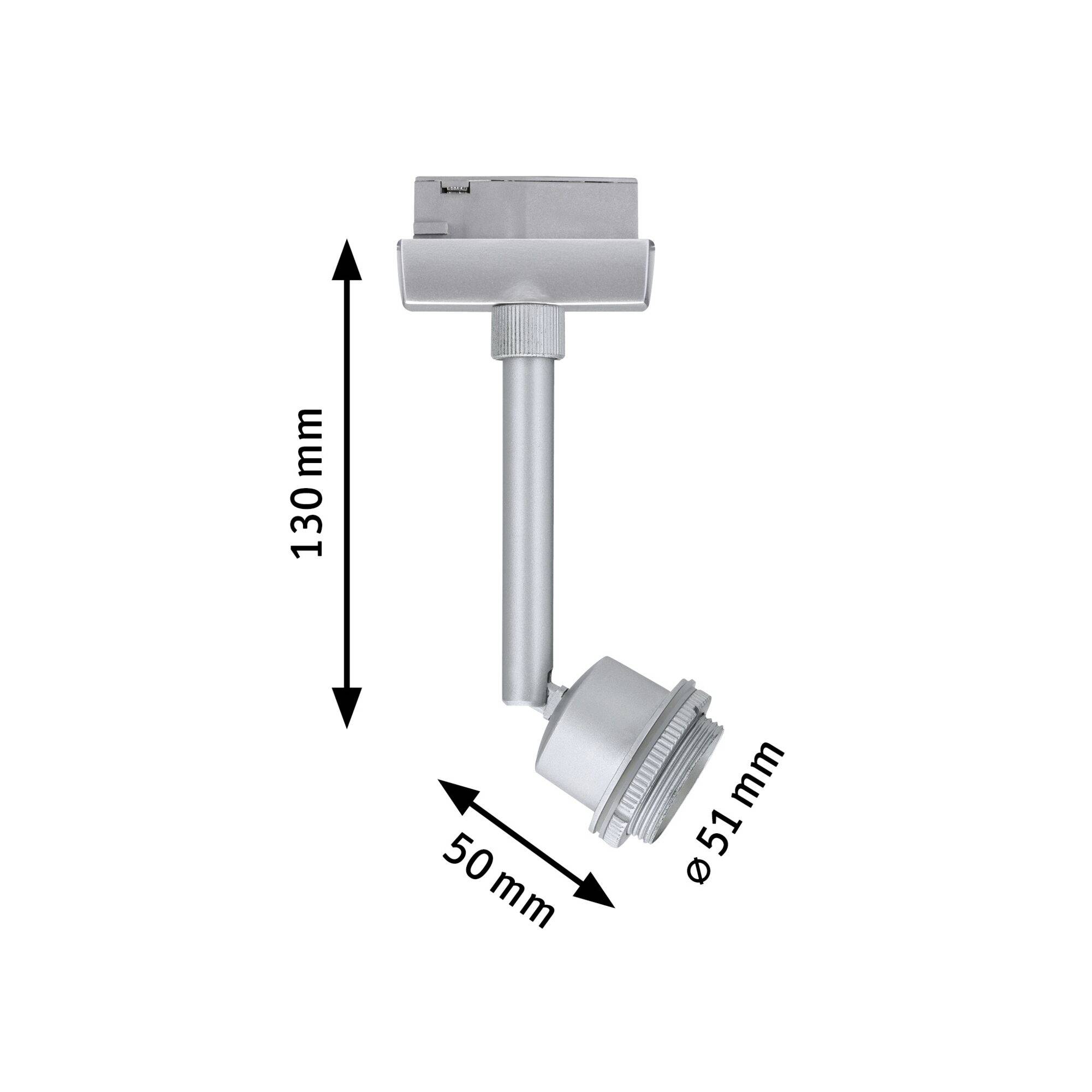 Uno spot LED regolabile in argento. Dimensioni: altezza 130 mm, larghezza 50 mm, diametro 51 mm.