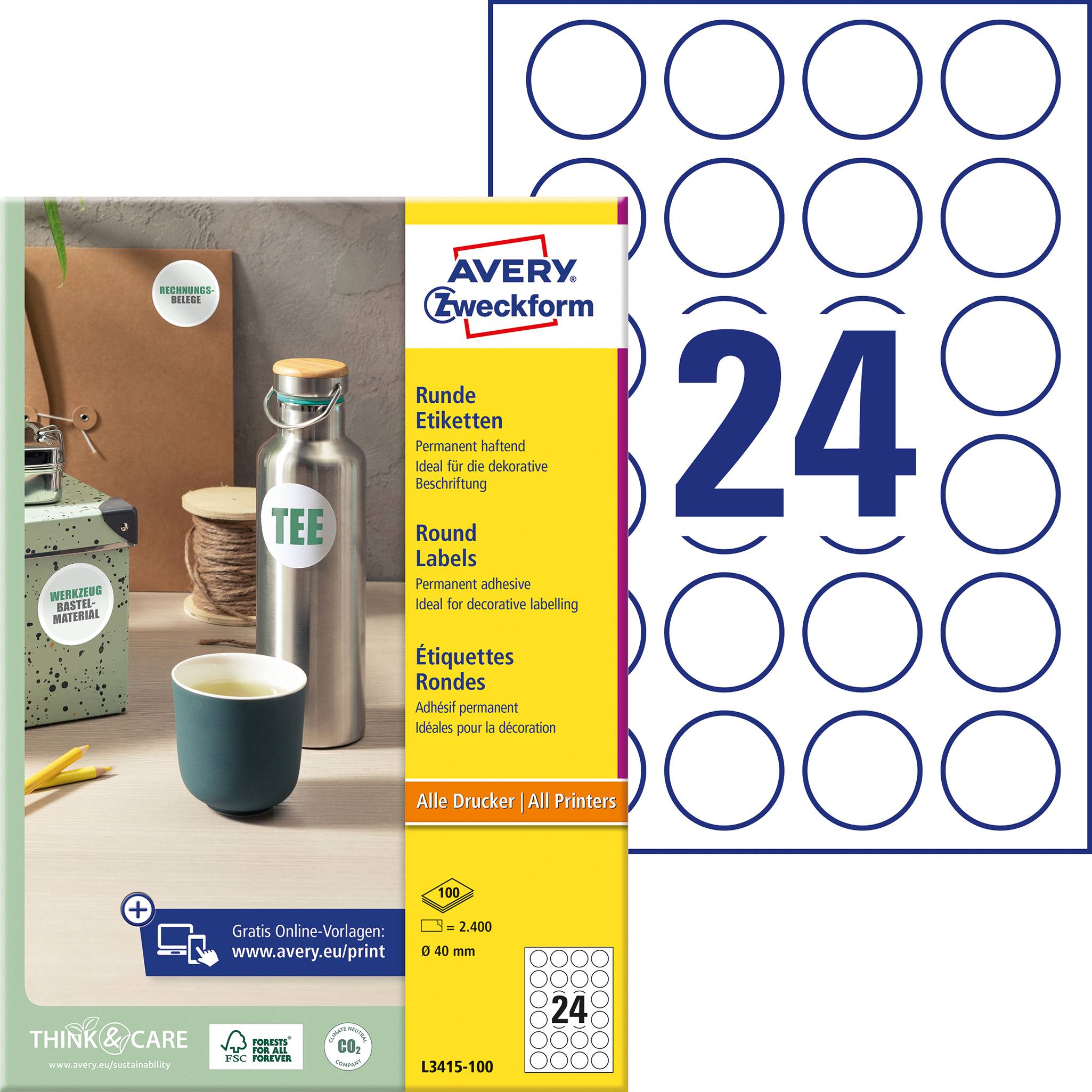 Confezione di Avery Zweckform con etichette rotonde scrivibili. Thermos argentato e tazza verde su un tagliere di legno sullo sfondo.