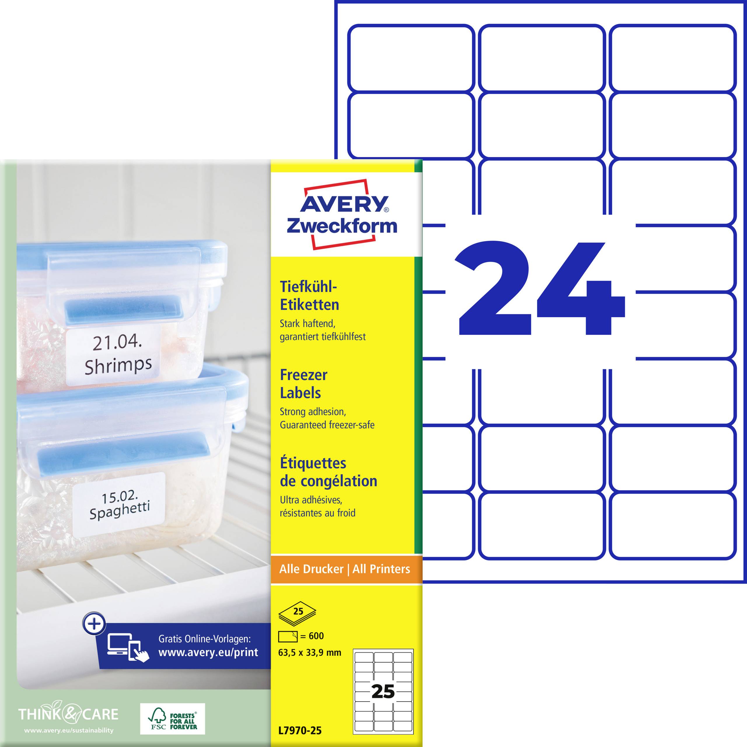 Etichette per congelatore Avery Zweckform - confezione che mostra 24 etichette vuote, con esempi su contenitori di stoccaggio etichettati '21.04. Gamberetti' e '15.02. Spaghetti'