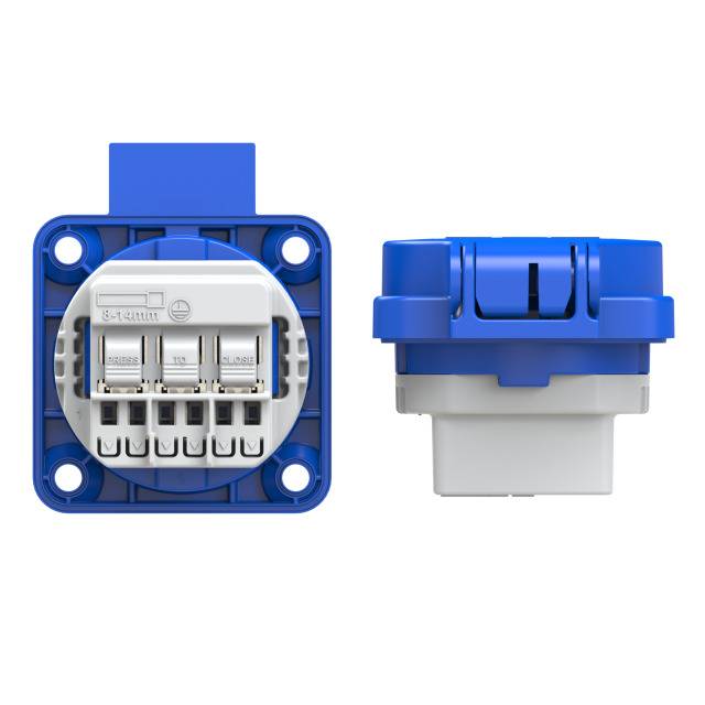 Un pannello frontale e laterale blu per presa elettrica con quattro morsetti, etichettati da L1 a L3 e N, utilizzati per connessioni elettriche.
