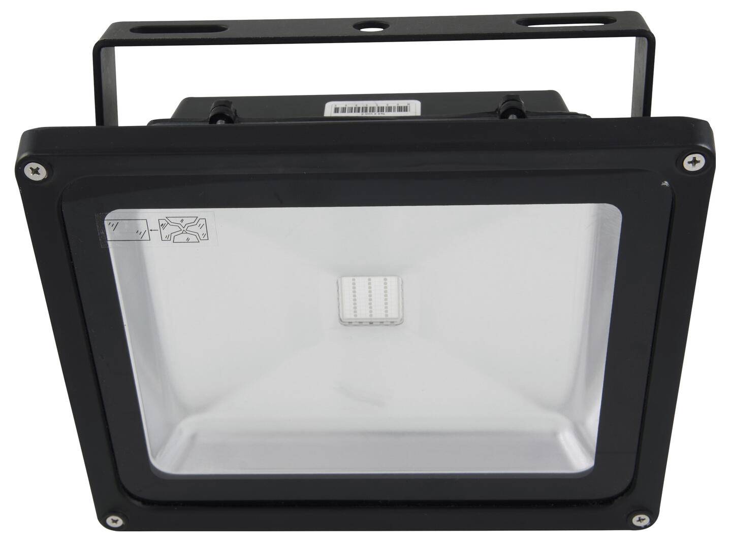 Un proiettore LED rettangolare nero con copertura protettiva trasparente e staffa di montaggio, progettato per applicazioni di illuminazione esterna.
