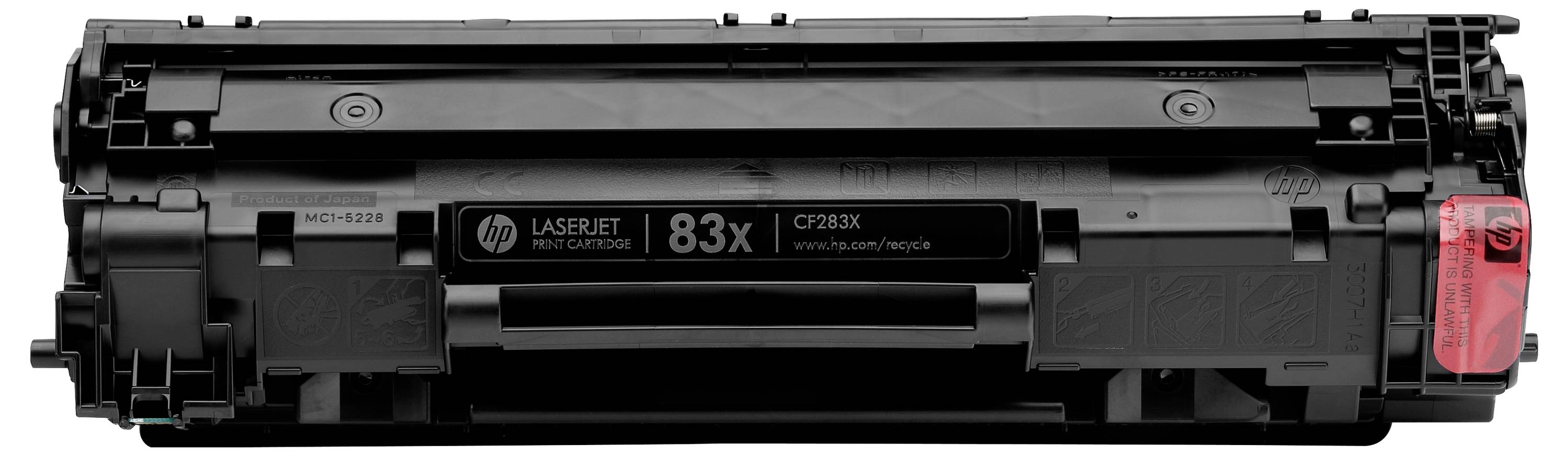 Cartuccia di toner HP LaserJet 83X nera mostrata su uno sfondo bianco, con una linguetta di tiraggio rossa sulla destra.