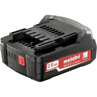 Pacco batteria ricaricabile Black Metabo 14,4V Li-Power 2,0 Ah su sfondo bianco.