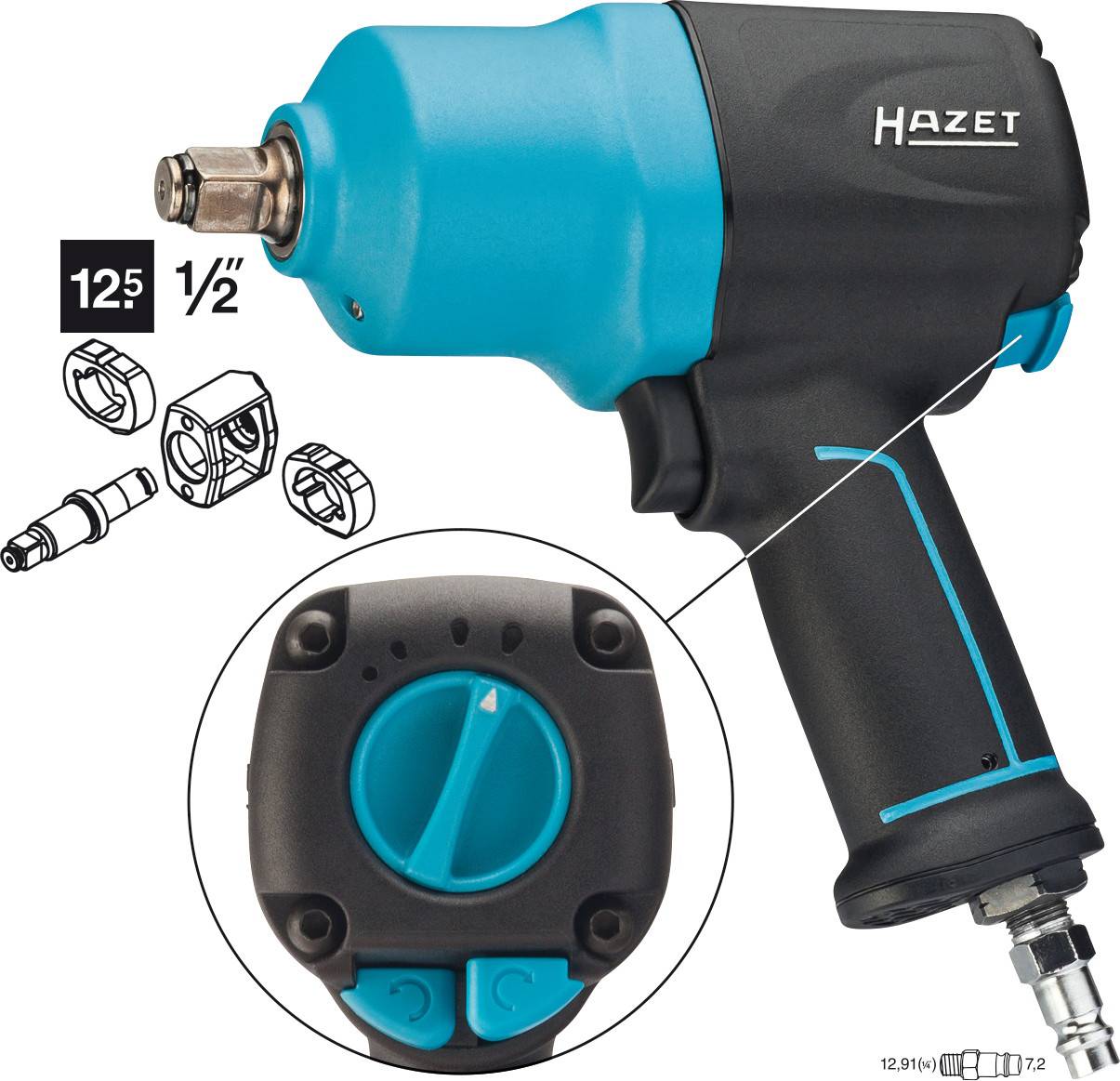 Un avvitatore a impulsi Hazet con custodia blu-nera e regolatore di coppia. Sono mostrati anche diversi inserti utensili.