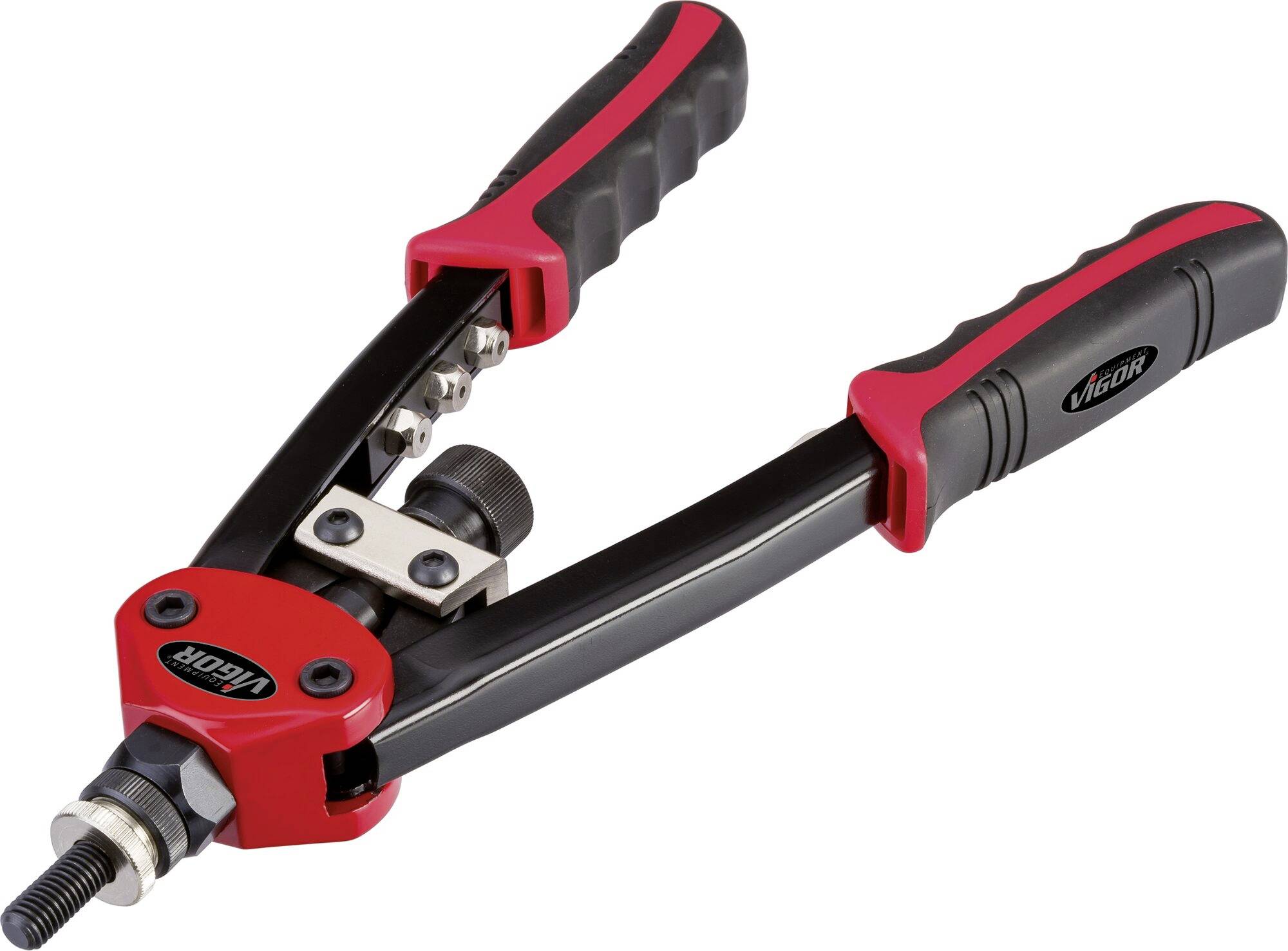 Pinza per rivetti a mano con impugnature rosse e nere, adatta all'inserimento di rivetti a strappo in diversi materiali.