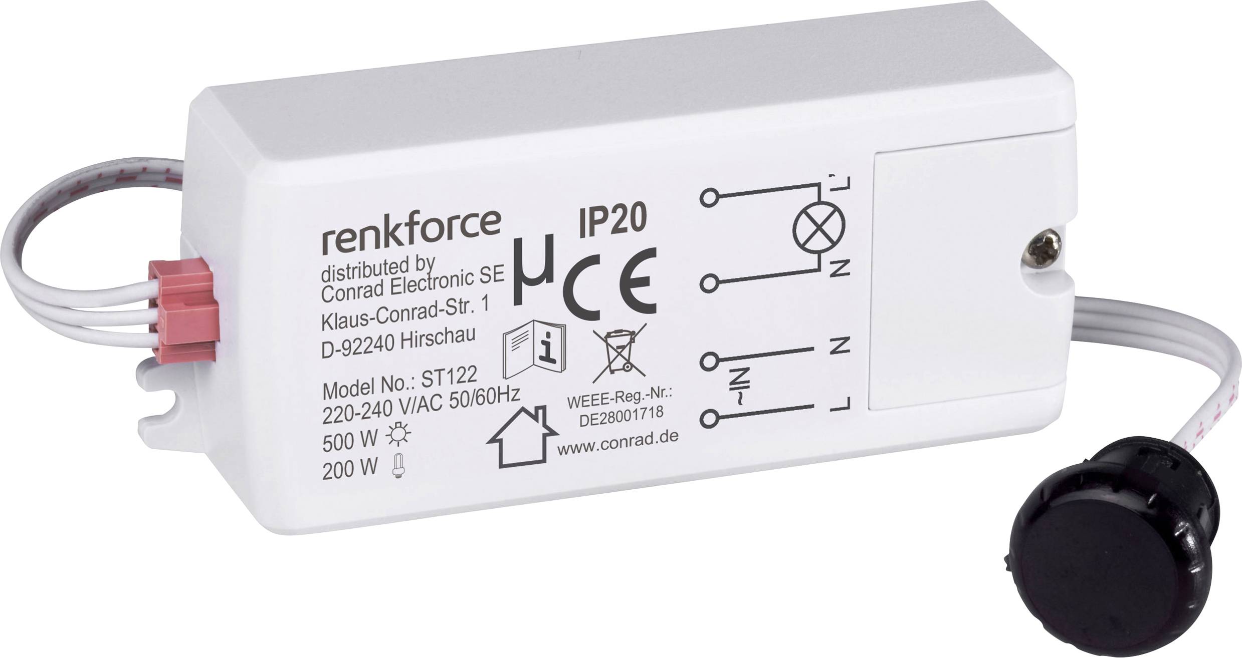 Un componente elettronico rettangolare bianco etichettato 'renkforce IP20,' con specifiche di potenza: 220-240V, 50/60Hz, 200W. Include icone di sicurezza e conformità.