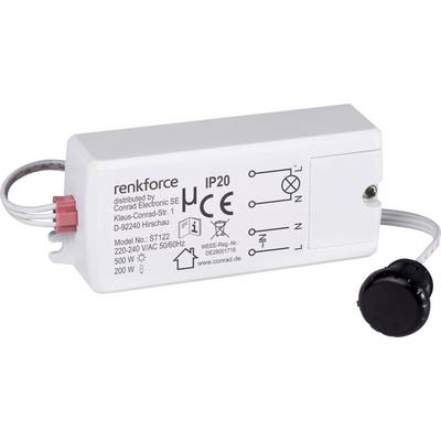 Un componente elettronico rettangolare bianco etichettato 'renkforce IP20,' con specifiche di potenza: 220-240V, 50/60Hz, 200W. Include icone di sicurezza e conformità.