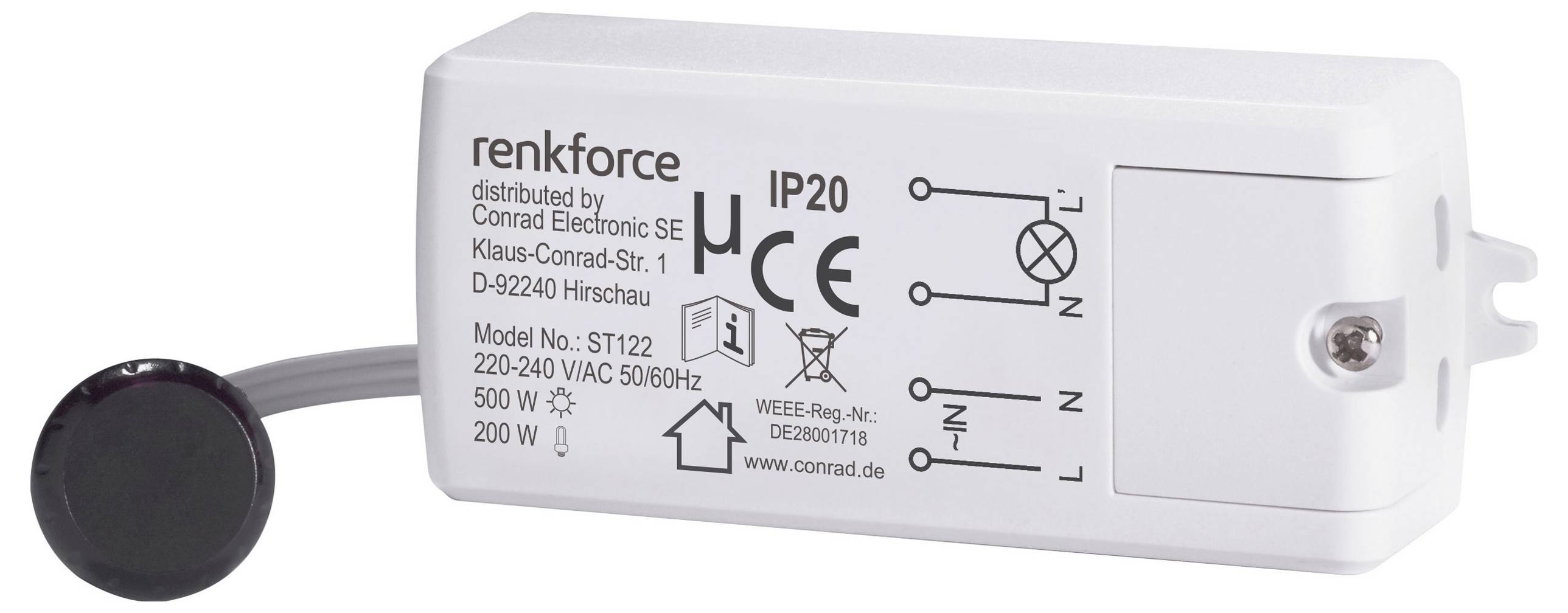 Un primo piano di un dispositivo elettronico rettangolare etichettato "renkforce IP20", che mostra specifiche tecniche e certificazioni sulla sua superficie.