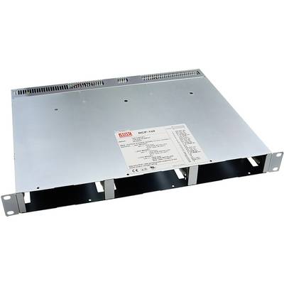 Alloggiamento metallico per montaggio a rack con alimentatore, provvisto di etichette e fessure di ventilazione, idoneo per l'installazione in rack da 19 pollici.