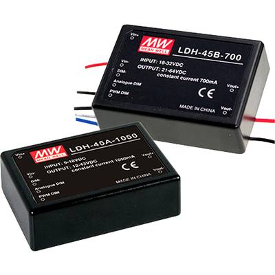 Due moduli elettronici neri con loghi rossi MW. In alto 'LDH-45B-700', in basso 'LDH-45A-1050'. Mostrano le tensioni di ingresso e di uscita.