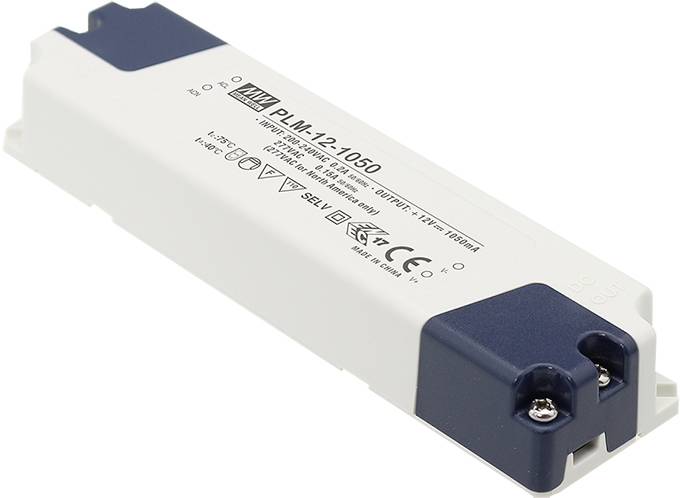 Un driver LED rettangolare con superficie blu e bianca, modello 'PLM-12-1050', mostra specifiche e certificazioni.