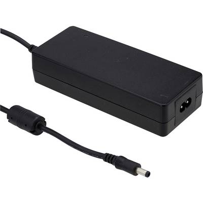 Un caricabatterie nero per laptop con alimentatore e spina removibile, su sfondo chiaro.
