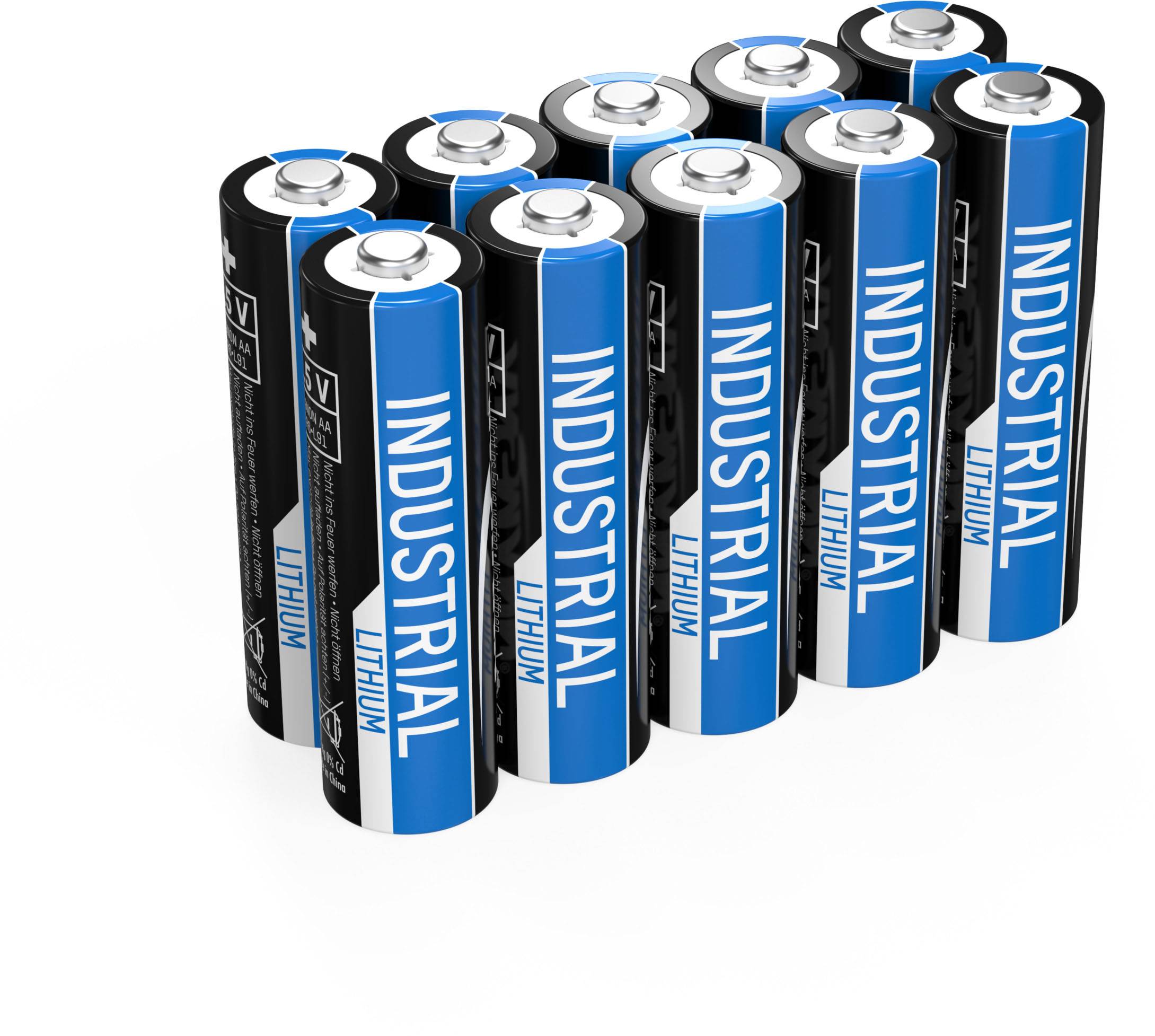 Nove batterie AA con scritto 'Industrial Lithium', disposte verticalmente in tre file, mostrano i contatti delle batterie.