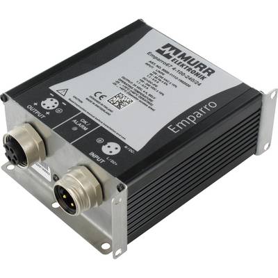 Un dispositivo elettronico nero con due connettori, contrassegnato con 'Murr Elektronik' e 'Emparro'.