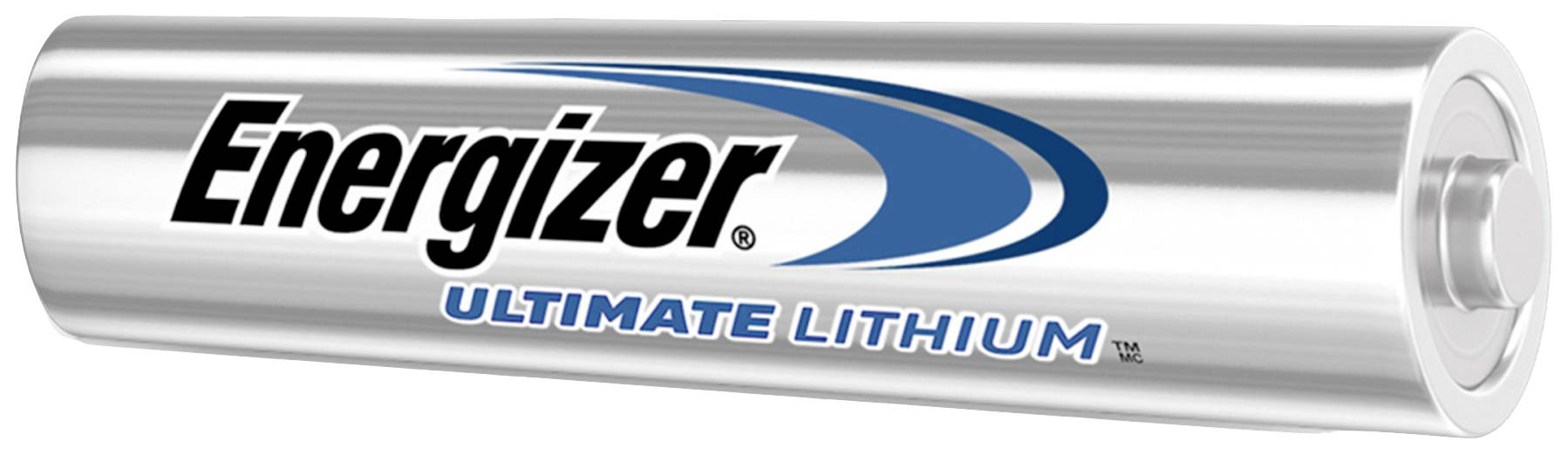 Una batteria AA al litio della marca 'Energizer Ultimate Lithium', adagiata su un lato con il logo e la denominazione visibili.