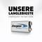 'La nostra batteria 9V Energizer più duratura' è scritto sopra un'immagine della batteria, sottolineando la sua longevità e il marchio.