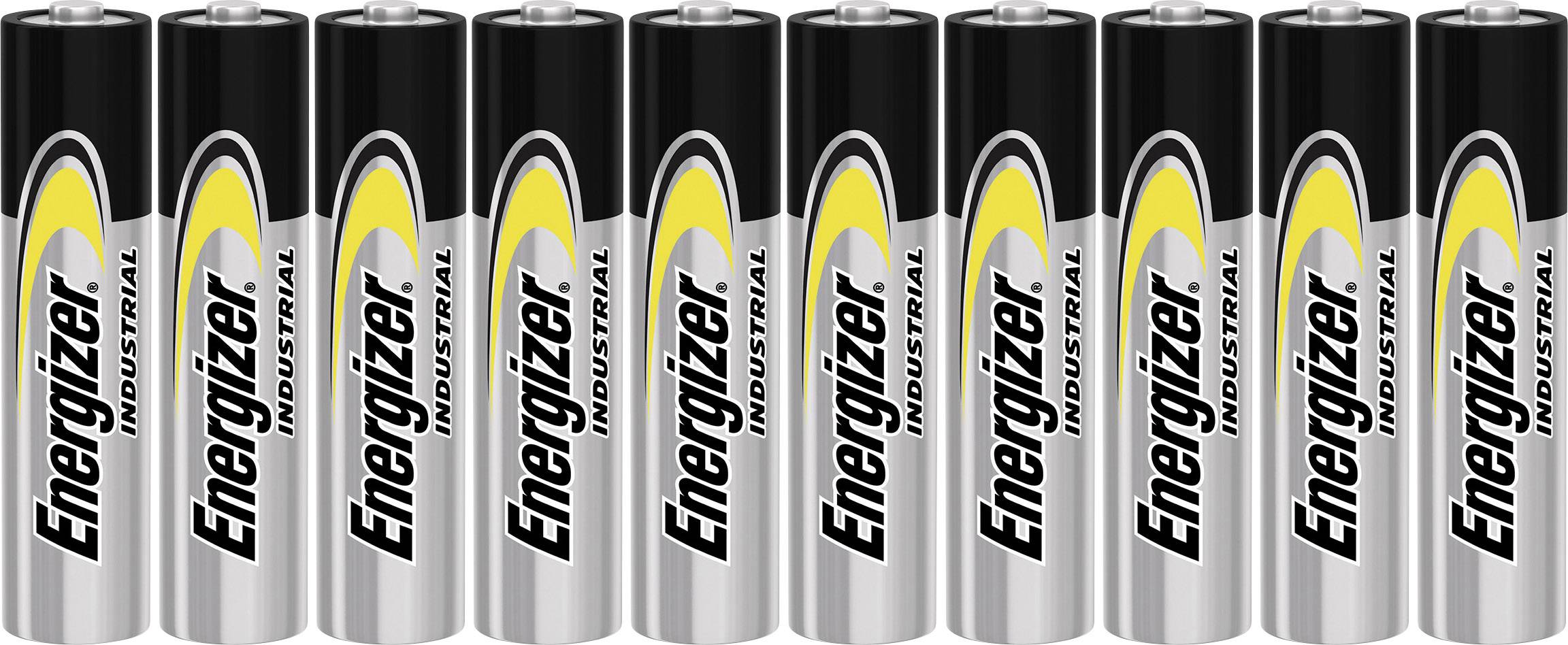 Dieci batterie AA Energizer, in piedi una accanto all'altra, con il logo nero e giallo su sfondo argentato.