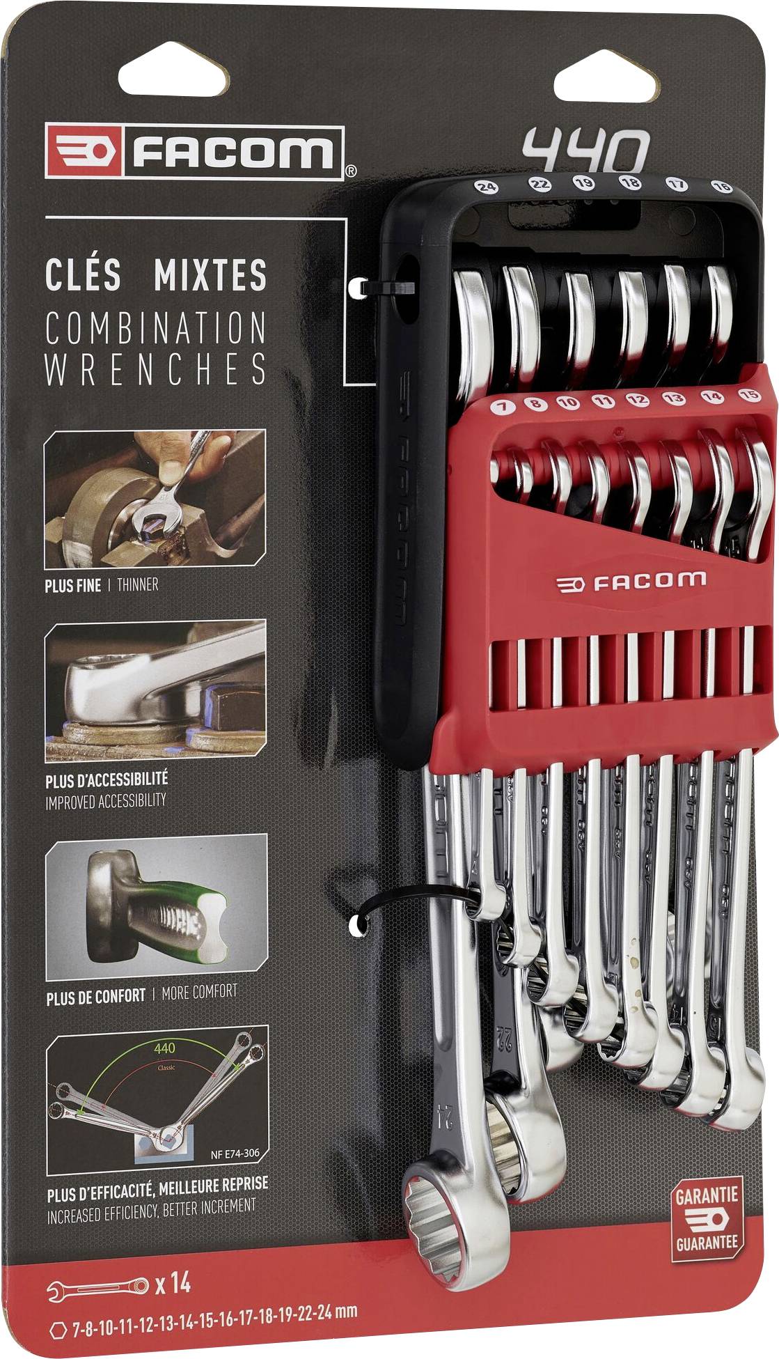 Set di chiavi 'Facom' con supporto su cartone. Mostra 12 chiavi di diverse dimensioni da 7 a 24 mm.