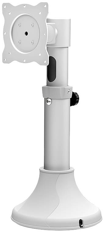 Un supporto per monitor bianco, rotante, con base circolare, idoneo per regolare l'altezza e l'inclinazione del monitor.