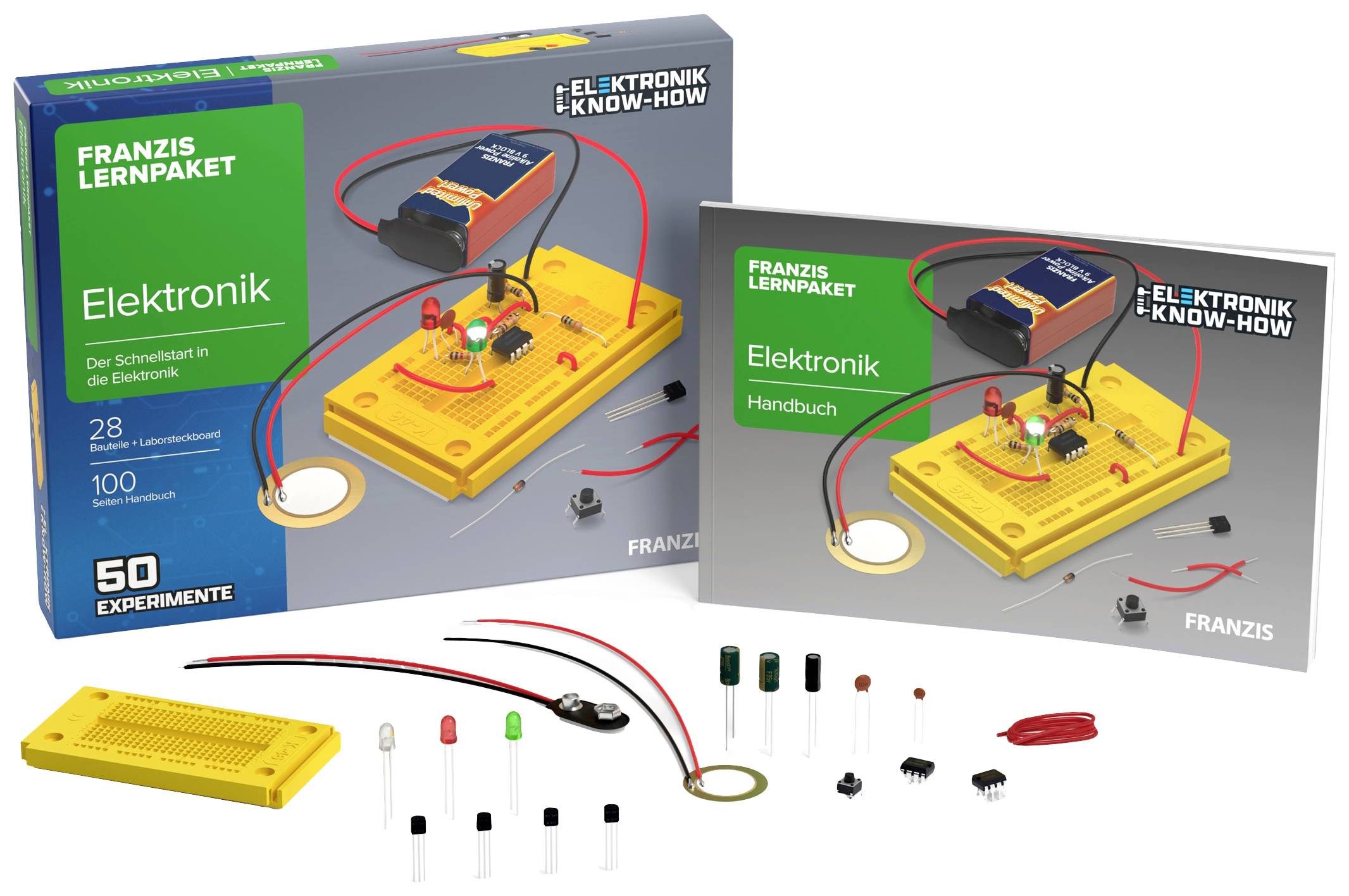 Pacchetto di apprendimento elettronico con scheda, LED, cavi, batteria e manuale. Adatto per 50 esperimenti per imparare le basi dell'elettronica.