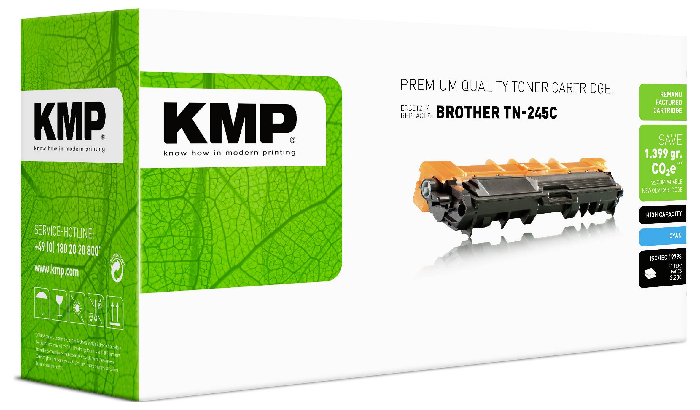 Cartuccia di toner di qualità premium KMP per Brother TN-245C, mostrata in confezione verde e bianca con immagine del prodotto ed etichette di sconto.