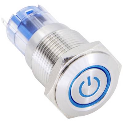 Interruttore metallico con pulsante tondo e simbolo luminoso blu per accensione/spegnimento. Ideale per applicazioni industriali o elettroniche.