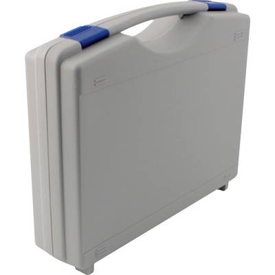 Custodia di trasporto in plastica grigia chiusa con fermagli blu e maniglia, mostrata su sfondo bianco.