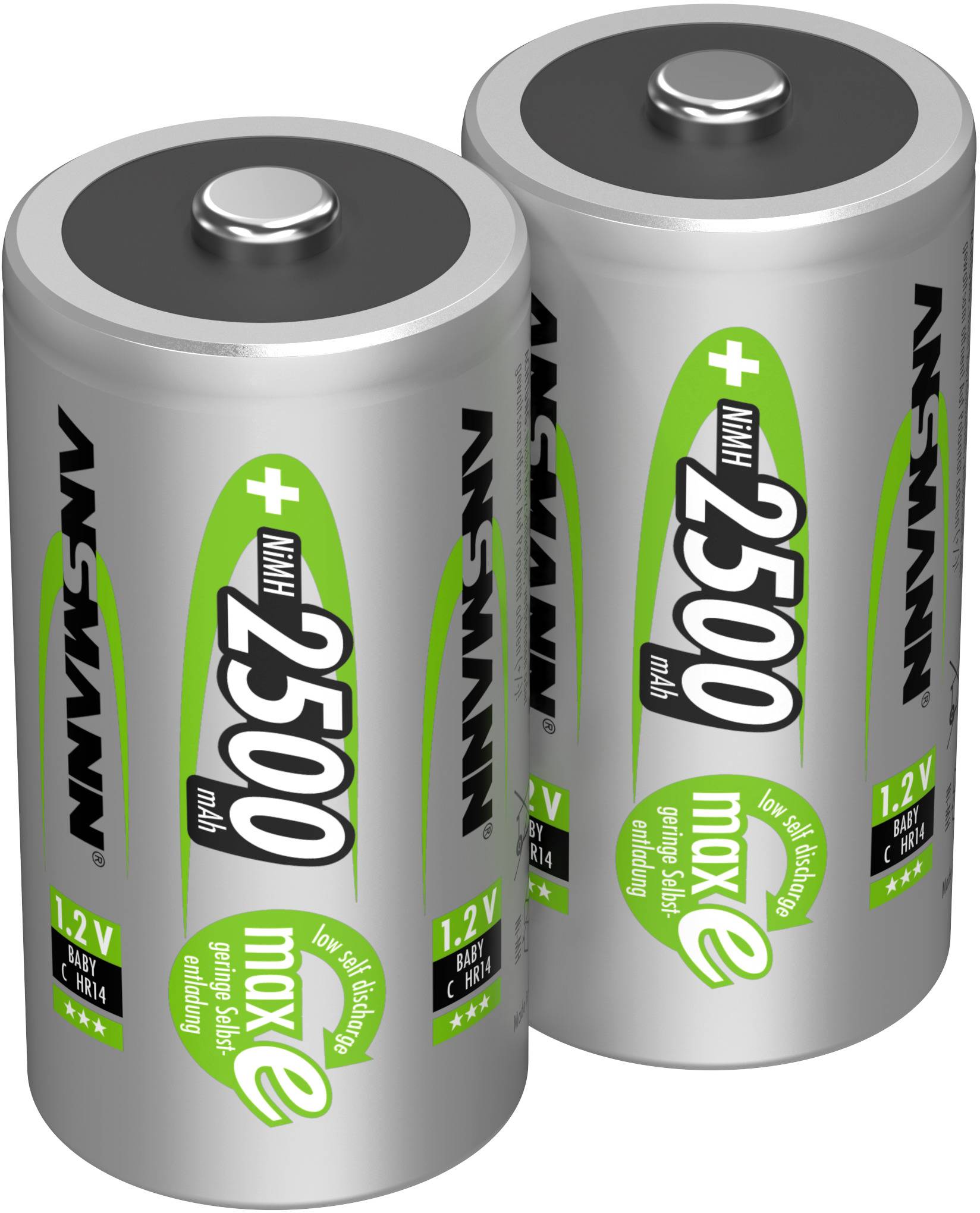 Due batterie AA argentate con stampe verdi 'maxE' che indicano ciascuna 1,2V e 2500 mAh.
