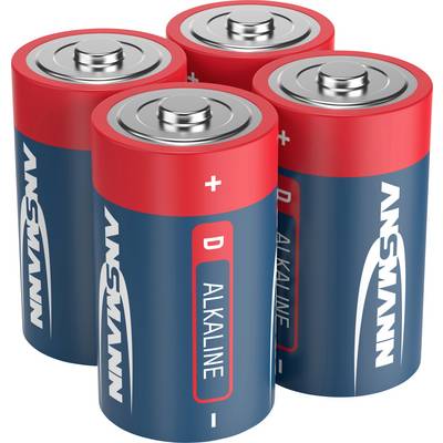 Quattro batterie alcaline D blu e rosse con la scritta 'Ansmann', disposte in piedi e raggruppate una accanto all'altra.