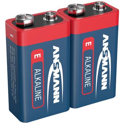 Due batterie alcaline da 9 volt blu con bordo rosso, marca Ansmann, con etichetta 'Alkaline'.