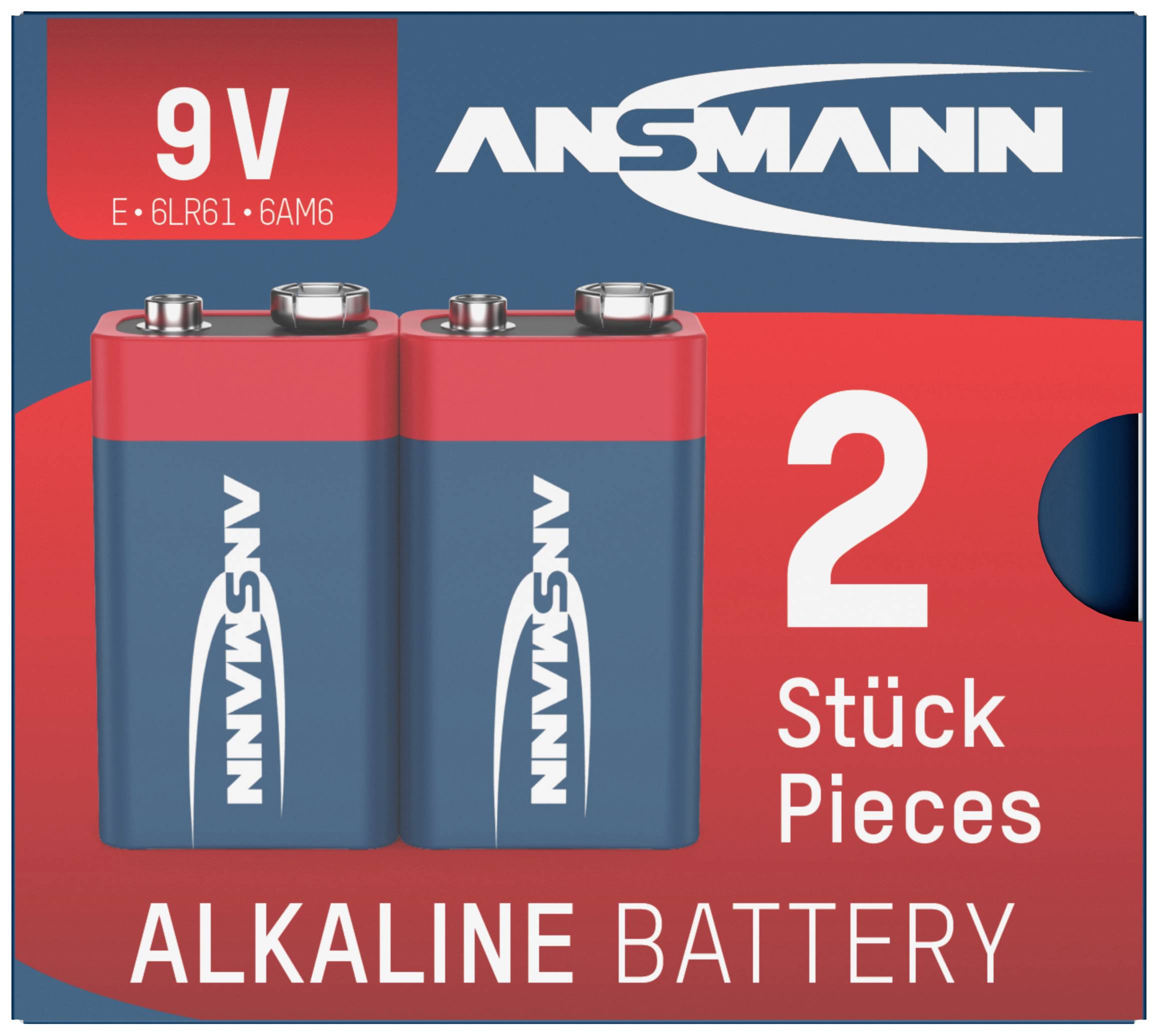 'Confezione con due batterie alcaline 9V del marchio Ansmann. Scatola rossa e blu, con scritte "2 pezzi" e "BATTERIA ALCALINA".'