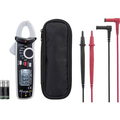 Multimetro con accessori: un involucro nero, un cavo di misura nero e uno rosso, due batterie AA e una borsa nera.