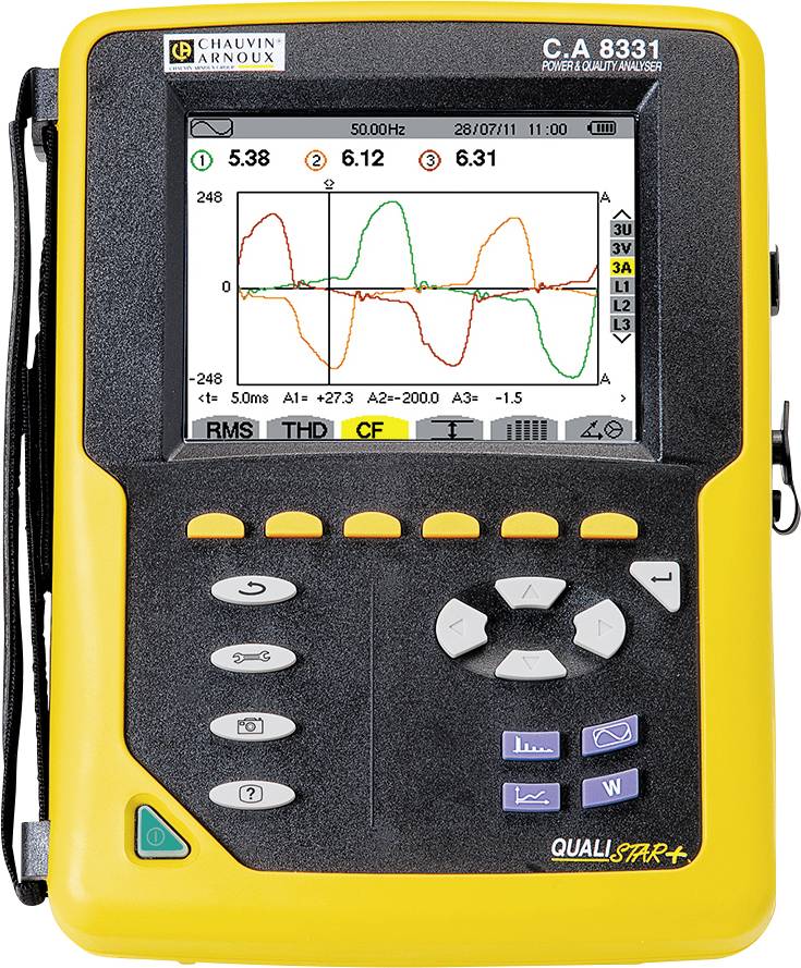 Dispositivo giallo, un analizzatore di energia, mostra sullo schermo tre grafici ondulati con i valori 5,38, 6,12 e 3,55.