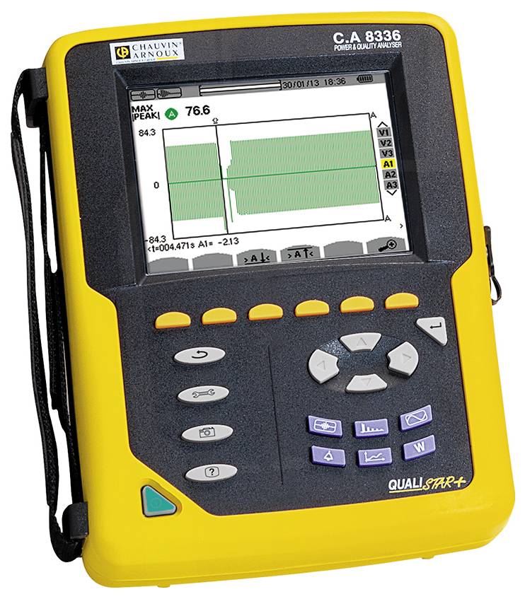 Un dispositivo di misurazione elettronico giallo con uno schermo che mostra un diagramma. Sono presenti dei tasti per il controllo.