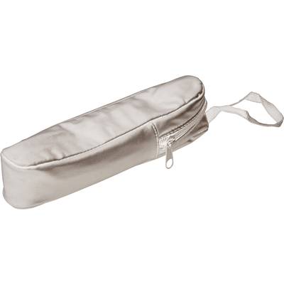 Astuccio argentato, di forma allungata, con cerniera e passante per il trasporto.