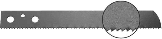 Lama di sega con dentatura seghettata, un primo piano mostra la dentatura fine. Ideale per tagli precisi in legno o metallo.