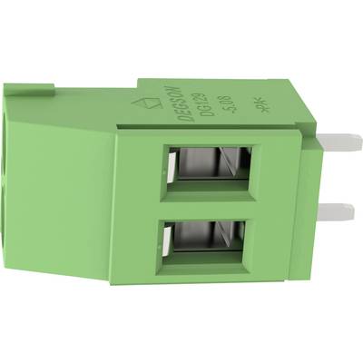 Blocco morsetto a vite a due poli di colore verde con ingresso laterale dei fili e aperture di contatto in metallo, contrassegnato "DESSO" e "5.08" sulla parte superiore.