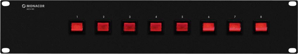 'Vista frontale di un dispositivo nero con sette pulsanti illuminati di rosso, numerati da 1 a 8, da sinistra a destra.'